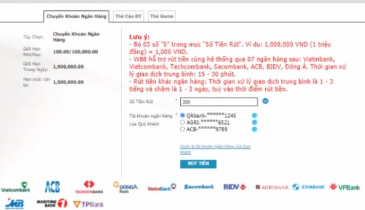 rút tiền w88 qua chuyển khoản ngân hàng