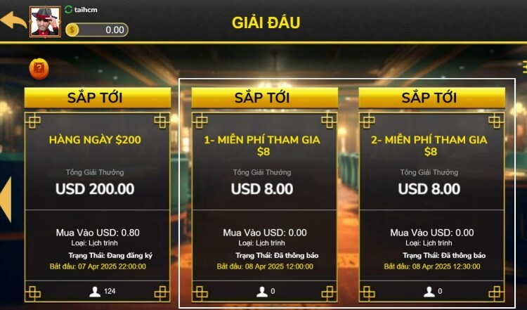 giải đấu miễn phí tham gia 8 USD